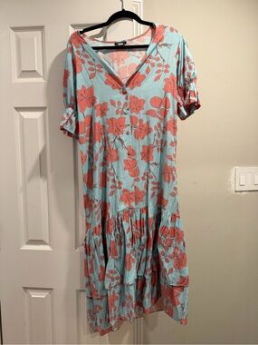 Lobo Rosa Floral V-Neck Tiered Midi Dress in Aqua and Coral